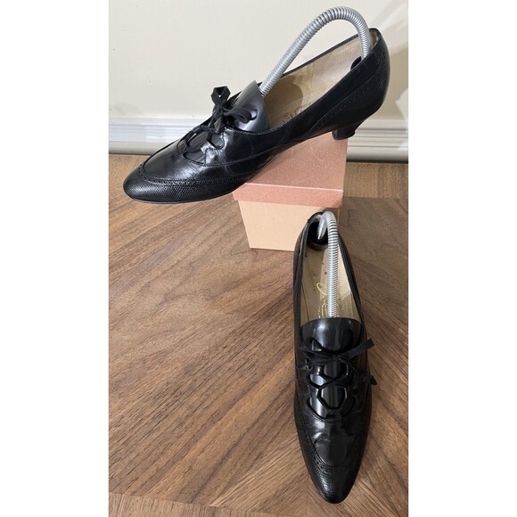 VTG 60s Johansen Shoes Womens 8.5 NARROW 4A Pointy Lace Up Kitten Heels Witchy - Picture 2 of 13